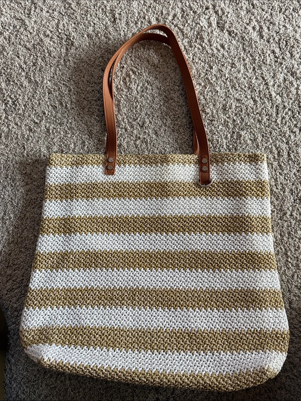 Striped Woven Tote Bag in White and Tan